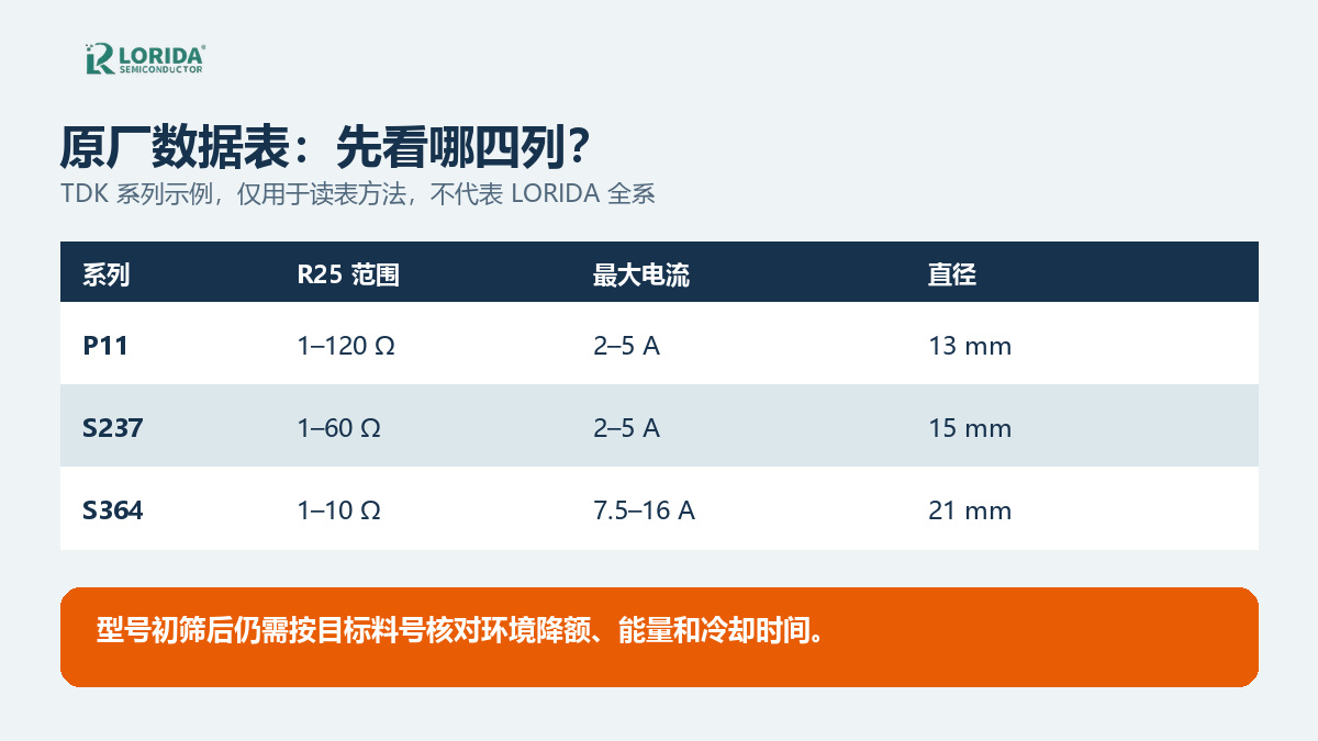 TDK NTC浪涌限流系列数据表读法示例