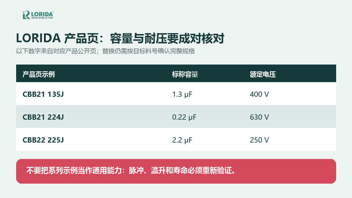 LORIDA薄膜电容产品页容量与耐压参数矩阵