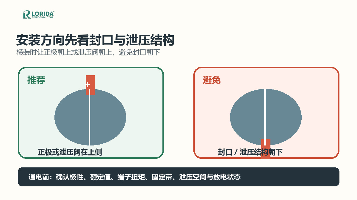 螺栓电解电容横向安装正极与泄压阀方向示意