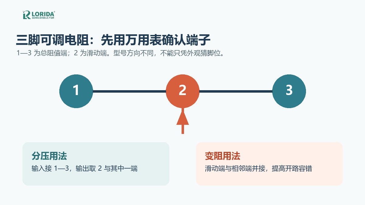 可调电阻固定端与滑动端万用表识别示意