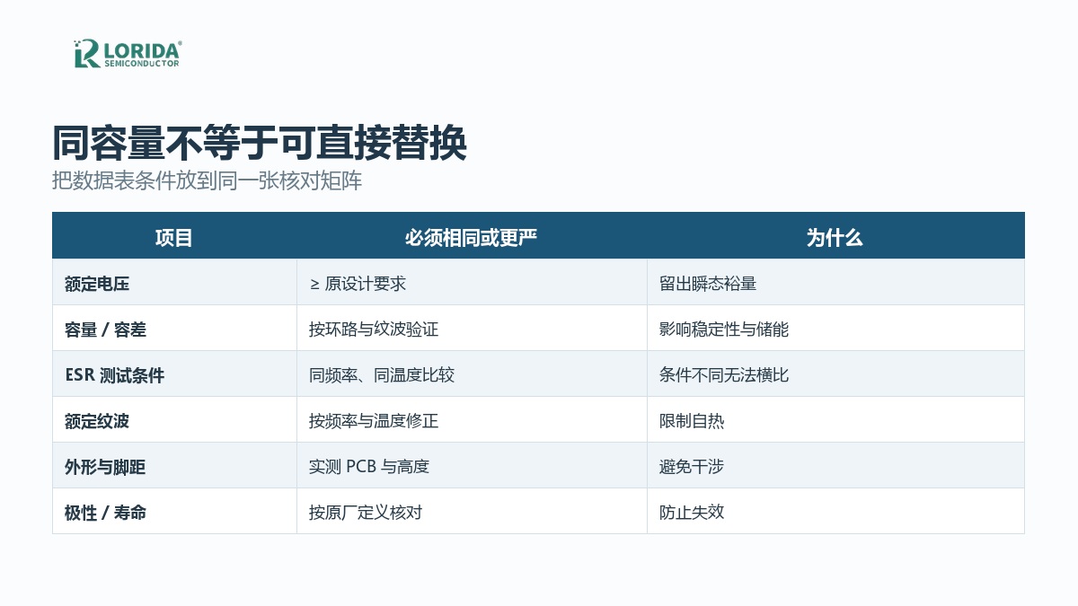 固态电解电容替换六项对比矩阵